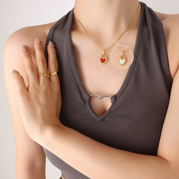 Wholesale 316L Stainless Steel Doublesided Peach Heart Geometric Love Pendant Necklace Gold Plated