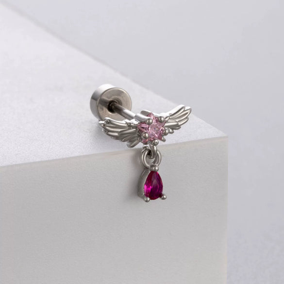 Wholesale Titanium Steel Ear Nail With Red And Purple Zircon Love Star And Heart Drop Shape Pendant Sweet Style