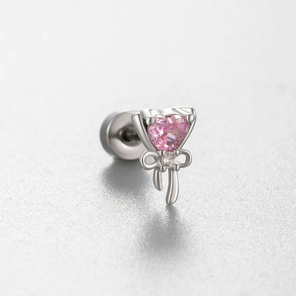 Wholesale Titanium Steel Ear Nails With Pink Cherry Bow For Women High Sense Style With Zircon Design