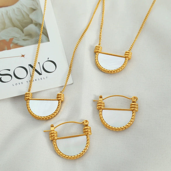 Wholesale 316L Stainless Steel Earrings And Necklace Set With Gold Inlaid French Retro Style Star Sun Moon Clouds And Universe Patterns