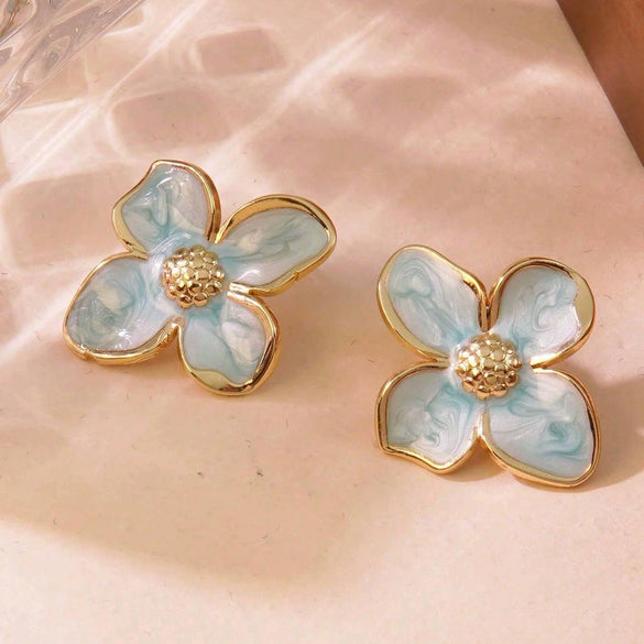 Wholesale Titanium Steel Earrings Retro Palace Flower Style Fourpetal Flower Dripping Oil Treatment For Women