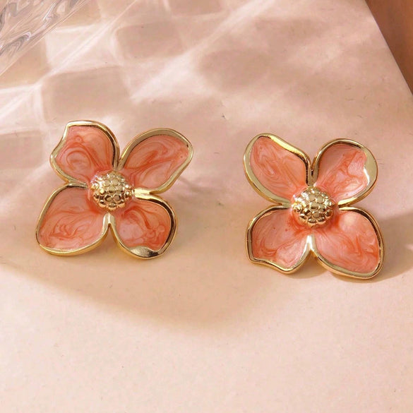 Wholesale Titanium Steel Earrings Retro Palace Flower Style Fourpetal Flower Dripping Oil Treatment For Women