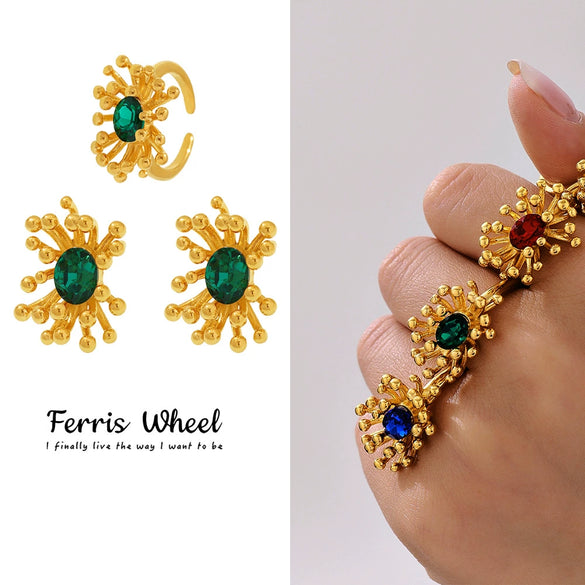 Wholesale Titanium Steel Electroplated Ferris Wheel Flower Stamen Inlaid Zircon Unisex Jewelry Set With Earrings And Rings