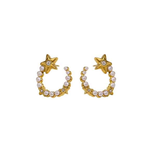 Wholesale Titanium Steel Electroplated Geometric Fivepointed Star And Cshaped Pearl Earrings For Women