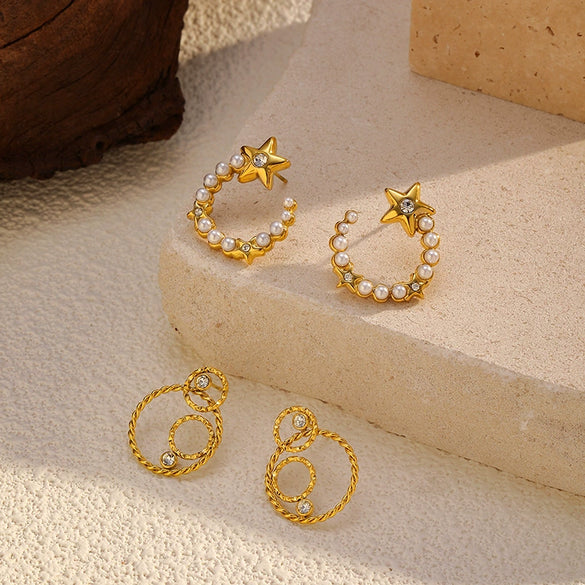 Wholesale Titanium Steel Electroplated Geometric Fivepointed Star And Cshaped Pearl Earrings For Women