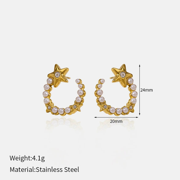 Wholesale Titanium Steel Electroplated Geometric Fivepointed Star And Cshaped Pearl Earrings For Women