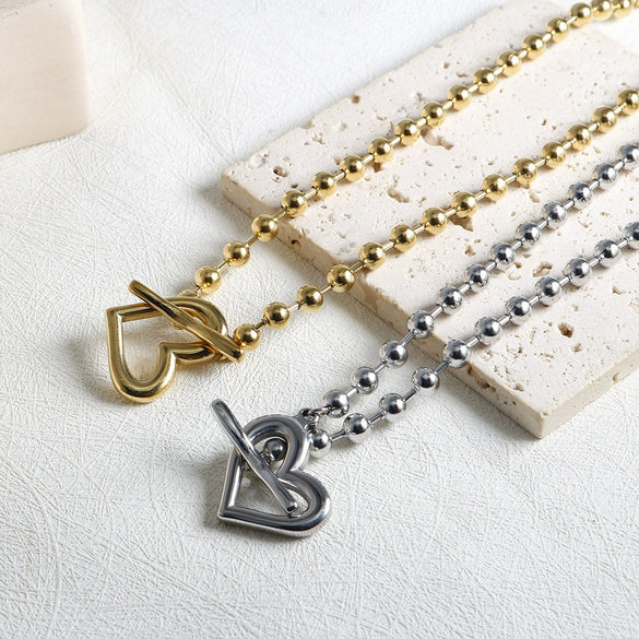 Wholesale Titanium Steel Electroplated Heart Shape Ball Chain Necklace Jewelry For Women