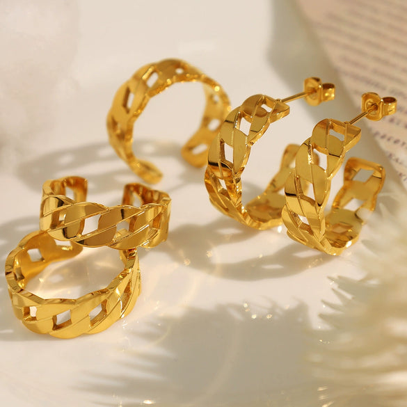 Wholesale 316L Stainless Steel Electroplated 18K Gold Hollow Chain Earrings And Rings