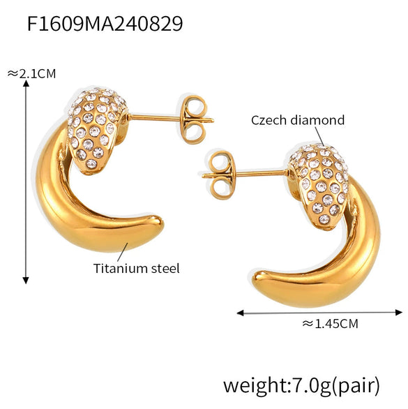 Wholesale Titanium Steel Electroplated 18K Real Gold Geometric Crescent Curved Spell Drill Earrings For Women
