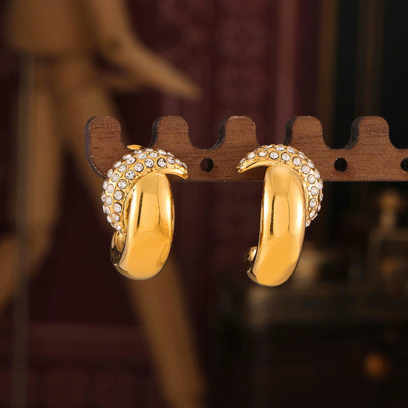 Wholesale Titanium Steel Electroplated 18K Real Gold Geometric Crescent Curved Spell Drill Earrings For Women