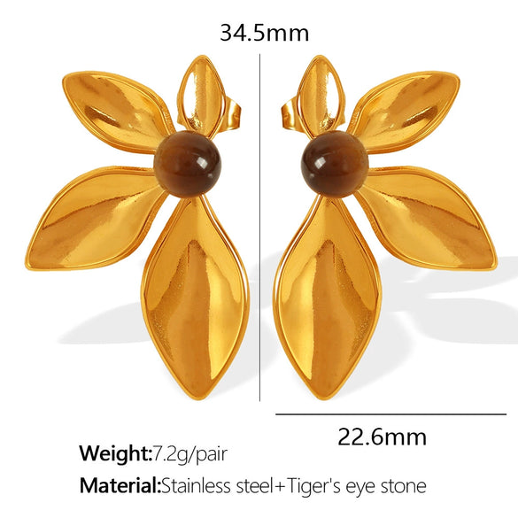 Wholesale 316L Stainless Steel Electroplated Natural Stone Flower Earrings