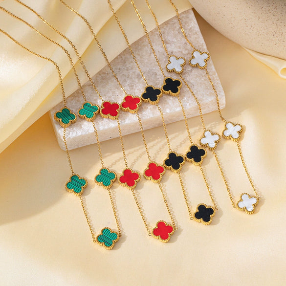 Wholesale Titanium Steel Electroplated Plants And Flowers Four Leaf Clover Five Leaf Petals Earrings Bracelet Necklace Set For Women