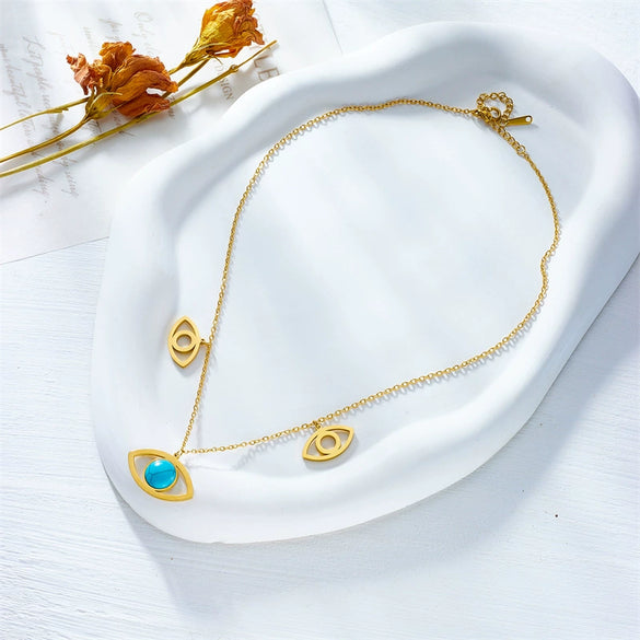 Wholesale Titanium Steel Facial Features Style Hollow Blue Turquoise Eye Pendant Necklace With Electroplating