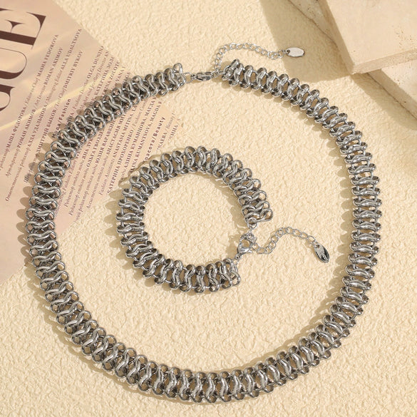 Wholesale 316L Stainless Steel Fashion Exaggerated Thick Necklace And Bracelet Set With Hollow Chain Design And Electroplating Treatment