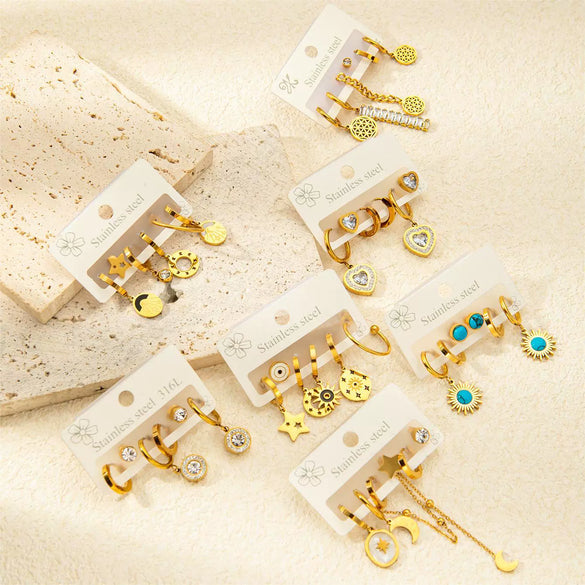 Wholesale Titanium Steel Fashion Geometric Sun And Star Earrings Set With Electroplating For Women