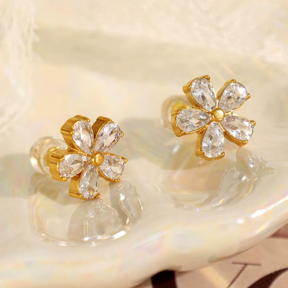 Wholesale 316L Stainless Steel Fashion Simple Temperament Inlaid Transparent Diamond Flower Earrings With Electroplating For Women