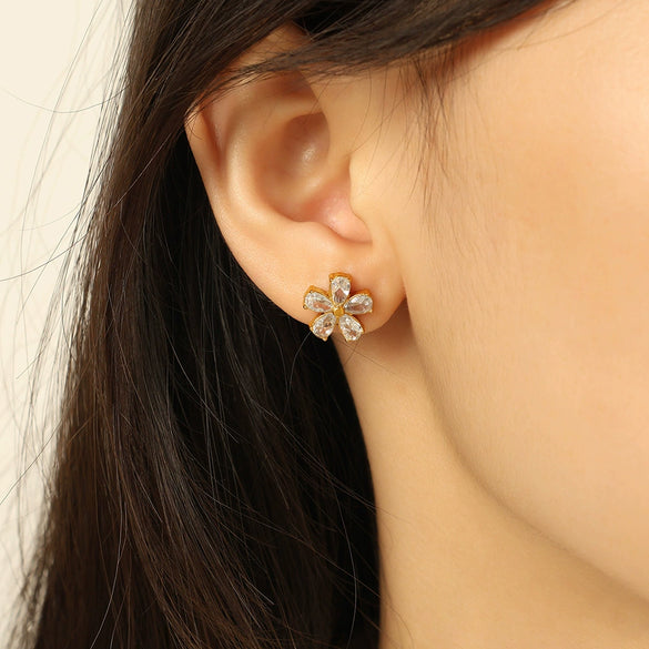 Wholesale 316L Stainless Steel Fashion Simple Temperament Inlaid Transparent Diamond Flower Earrings With Electroplating For Women