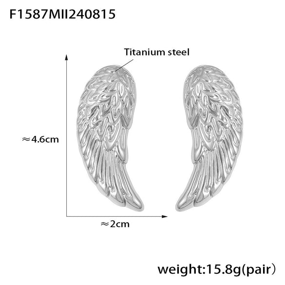 Wholesale 316L Stainless Steel Feather Wings Texture Exaggerated Vintage Design Electroplated 18K Real Gold Women's Earrings