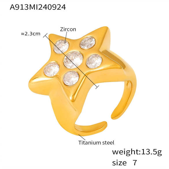 Wholesale 316L Stainless Steel Fivepointed Star Zircon Ring With Geometric Pattern Electroplated And Fashionable For Women