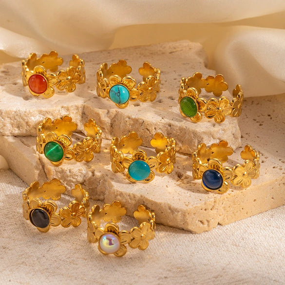 Wholesale Titanium Steel Flower Geometric U Shape Niche Design Electroplated Ring Inlaid With Natural Stone