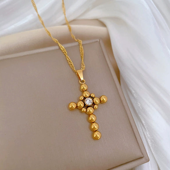 Wholesale Titanium Steel Geometric Cartoon Plant Flowers Electroplated Round Ball Cross Necklace Unisex