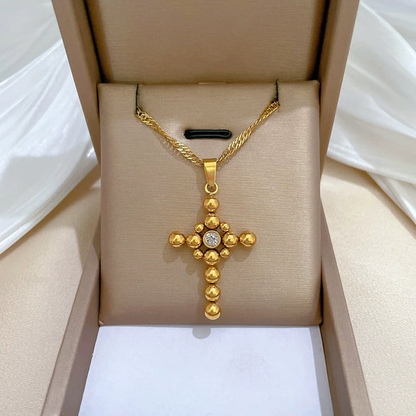 Wholesale Titanium Steel Geometric Cartoon Plant Flowers Electroplated Round Ball Cross Necklace Unisex