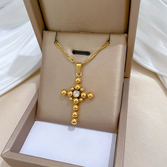 Wholesale Titanium Steel Geometric Cartoon Plant Flowers Electroplated Round Ball Cross Necklace Unisex