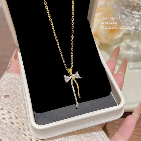Wholesale Titanium Steel Geometric Clavicle Chain Necklace Set With Zirconia For Women