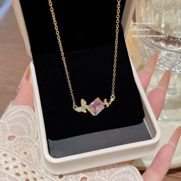 Wholesale Titanium Steel Geometric Clavicle Chain Necklace Set With Zirconia For Women