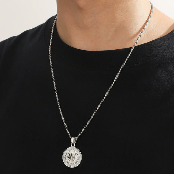 Wholesale Titanium Steel Geometric Compass Pendant Necklace Electroplated Unisex Fashion Accessory