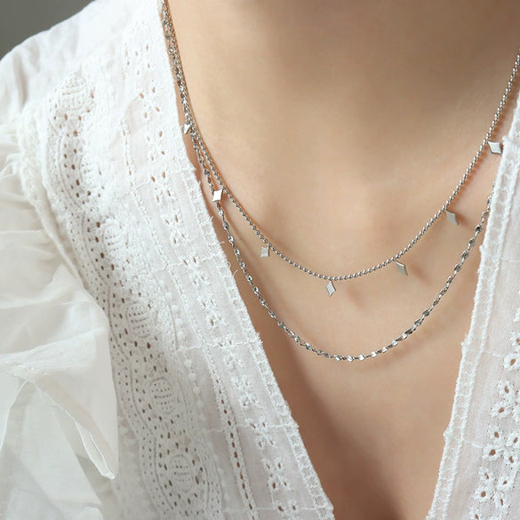 Wholesale Titanium Steel Geometric Diamond Pendant Necklace With Doublelayer Chain And Electroplating Treatment For Women