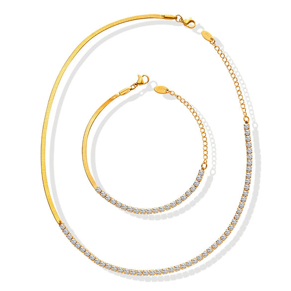 Wholesale Titanium Steel Geometric Diamond Zircon Inlaid Gold Plated Necklace And Bracelet Jewelry Set For Women