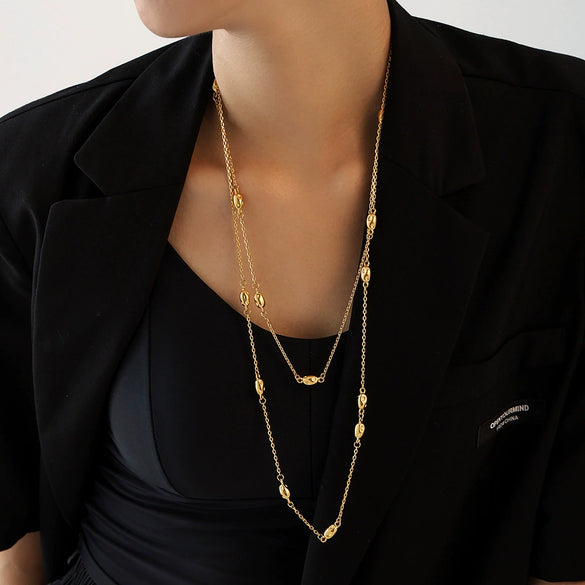 Wholesale Titanium Steel Geometric Doublelayer Beaded Sweater Chain Necklace For Women Light Luxury Style Electroplated