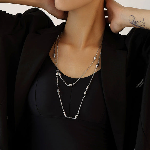 Wholesale Titanium Steel Geometric Doublelayer Beaded Sweater Chain Necklace For Women Light Luxury Style Electroplated