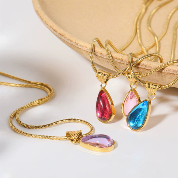 Wholesale Titanium Steel Geometric Dropshaped Electroplated Pendant Necklace With Snake Bone Chain