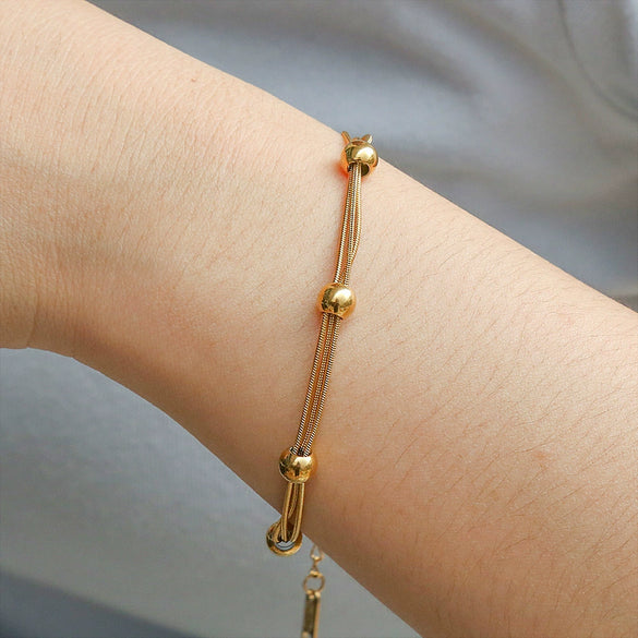 Wholesale Titanium Steel Geometric Electroplated Stacked Bracelet With Small Gold Beads For Women