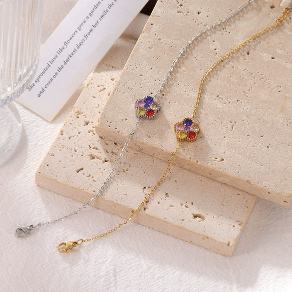 Wholesale Titanium Steel Geometric Flower Inlaid Zircon Electroplated Fashion Shining Girl Bracelet