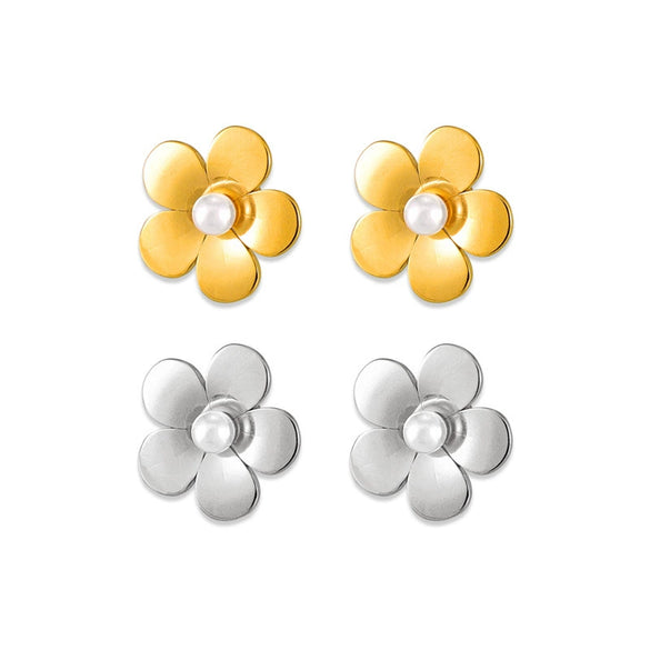 Wholesale 316L Stainless Steel Geometric Flower Shape Inlaid Shell Beads Electroplated Women's Earrings