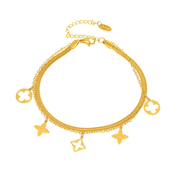 Wholesale 316L Stainless Steel Geometric Fourleaf Flower Doublelayer Blade Chain Anklet For Women