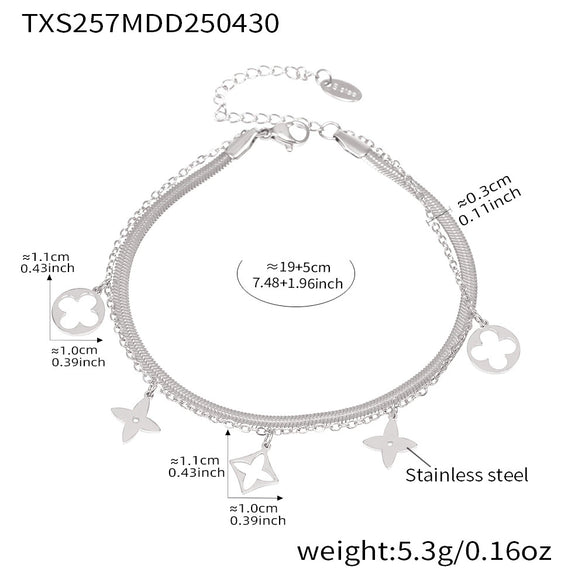Wholesale 316L Stainless Steel Geometric Fourleaf Flower Doublelayer Blade Chain Anklet For Women
