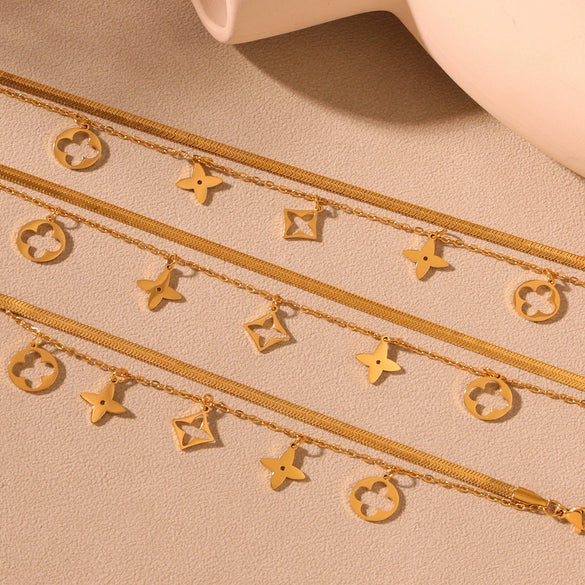 Wholesale 316L Stainless Steel Geometric Fourleaf Flower Doublelayer Blade Chain Anklet For Women