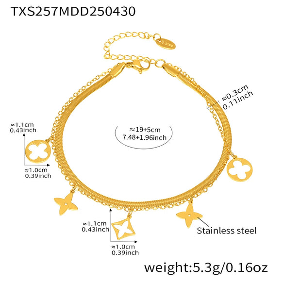 Wholesale 316L Stainless Steel Geometric Fourleaf Flower Doublelayer Blade Chain Anklet For Women