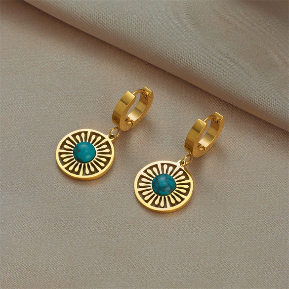 Wholesale Titanium Steel Geometric Hollow Turquoise Circle Pendant Jewelry Electroplated Women's Earrings