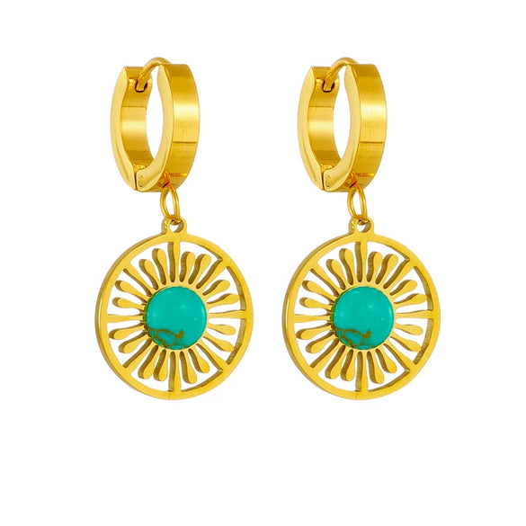Wholesale Titanium Steel Geometric Hollow Turquoise Circle Pendant Jewelry Electroplated Women's Earrings