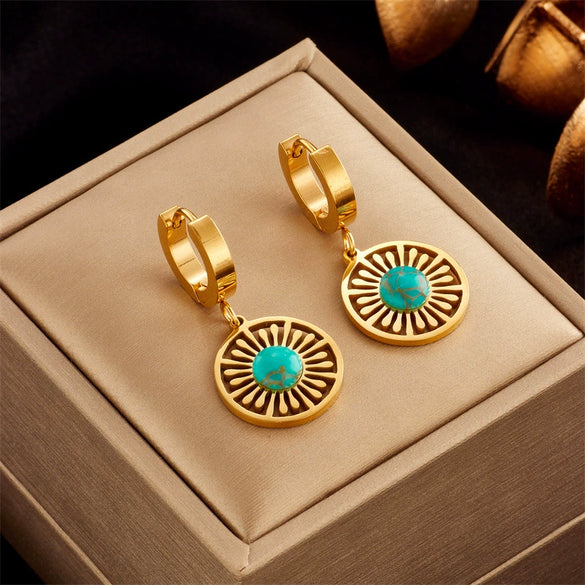 Wholesale Titanium Steel Geometric Hollow Turquoise Circle Pendant Jewelry Electroplated Women's Earrings