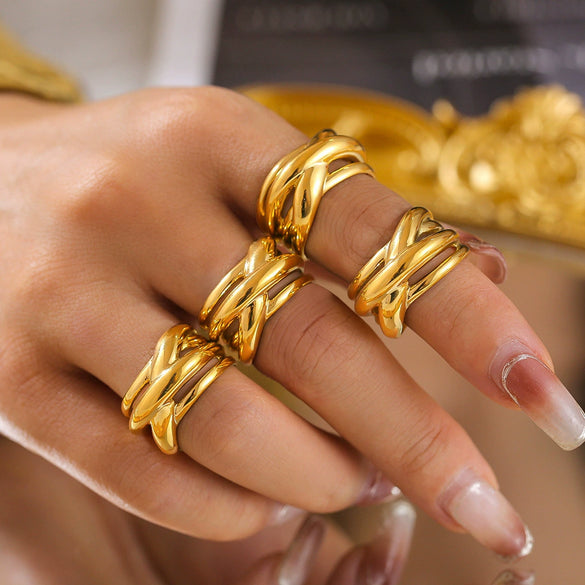 Wholesale 316L Stainless Steel Geometric Irregular Lines Interlaced Winding Ring 18K Gold Plated For Women
