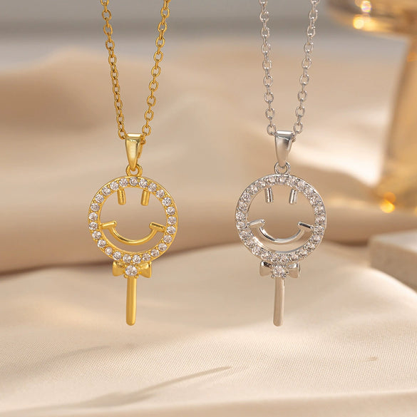 Wholesale Titanium Steel Geometric Lollipop Smiley Electroplated Women's Necklace O Word Chain