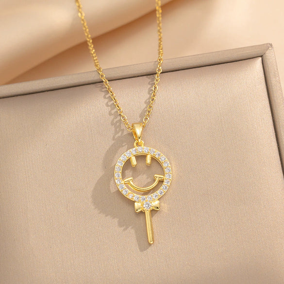 Wholesale Titanium Steel Geometric Lollipop Smiley Electroplated Women's Necklace O Word Chain