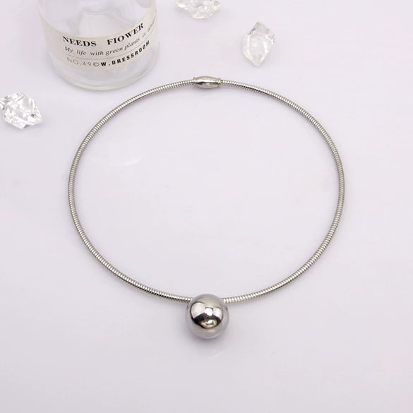 Wholesale Titanium Steel Geometric Metal Ball Pendant Necklace For Women With Water Wave Chain