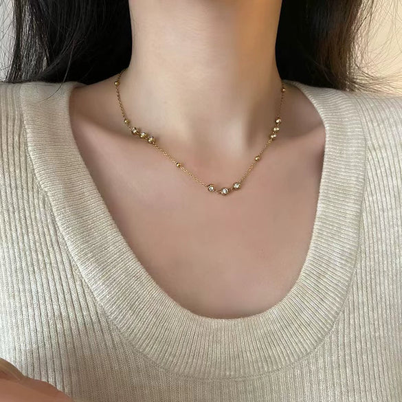 Wholesale Titanium Steel Geometric Necklace And Bracelet Set Electroplated With 18K Gold Inlaid With Zircon For Women